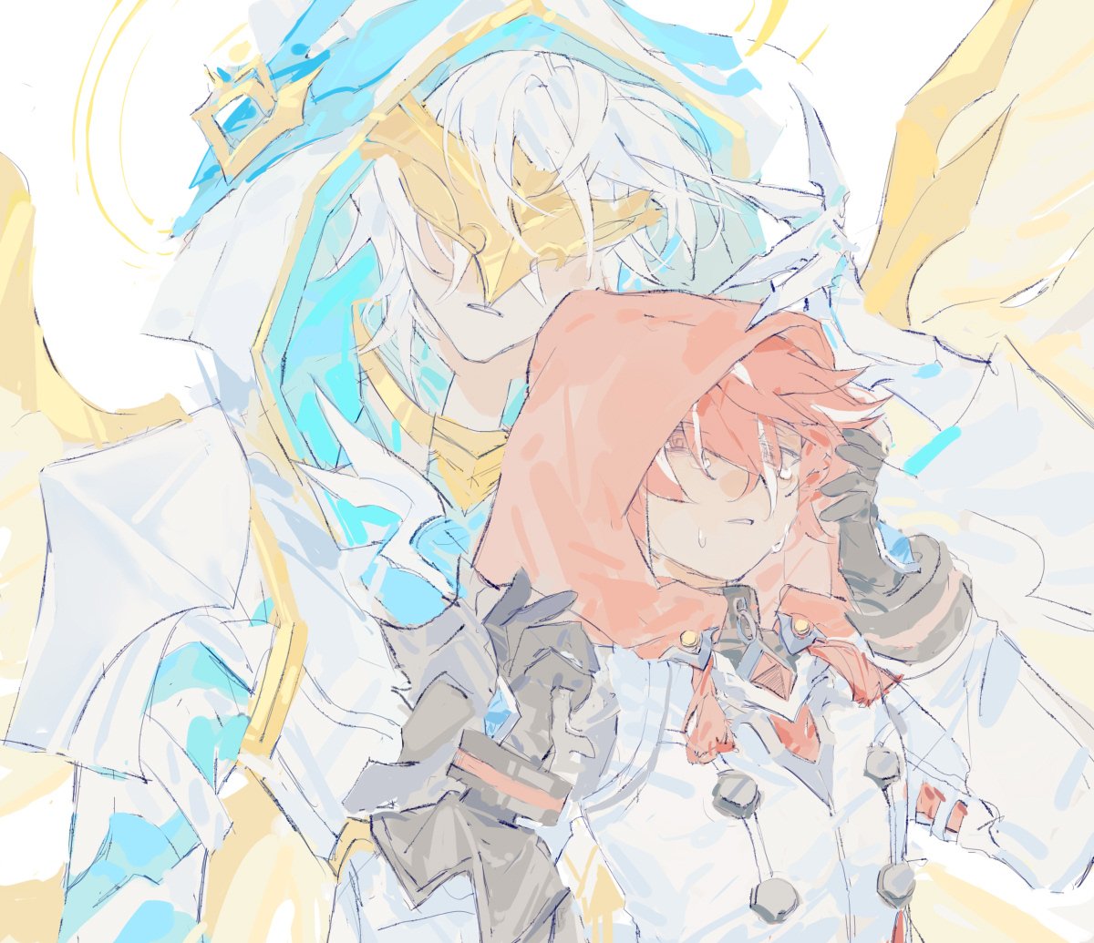 2boys, ainchase_ishmael, crying, crying_with_eyes_open, elsword, elsword_(character), eye_mask, facing_viewer, gloves, hood, hood_up, linbai22, lofty:_executor_(elsword), long_sleeves, multicolored_hair, multiple_boys, parted_lips, red_eyes, redhead, sacred_templar_(elsword), short_hair, tears, white_hair