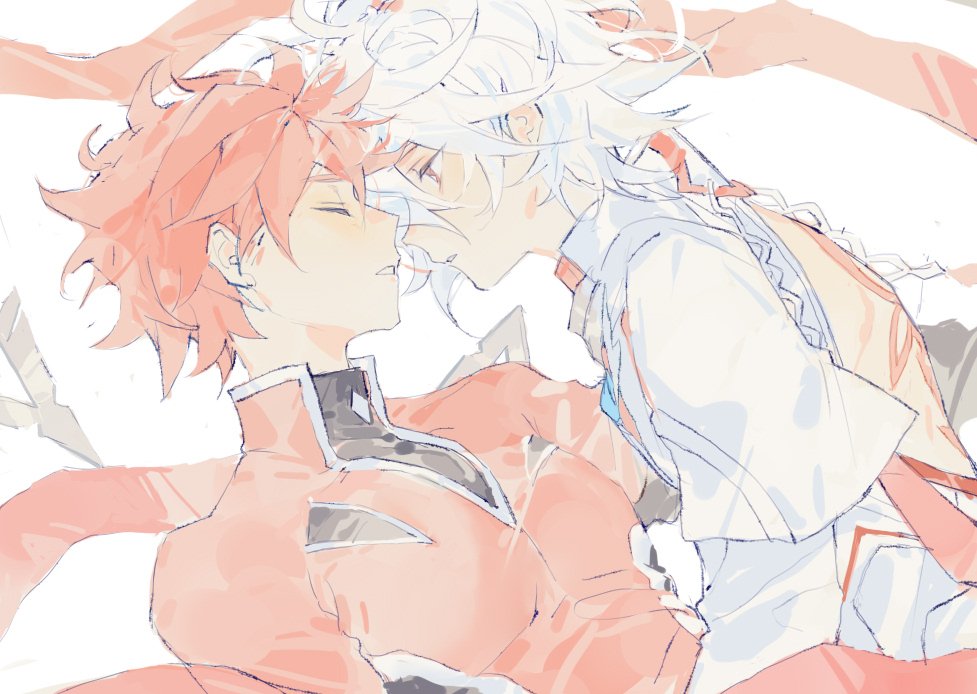 2boys, blush, closed_mouth, elsword, elsword_(character), facing_another, genesis_(elsword), knight_emperor_(elsword)