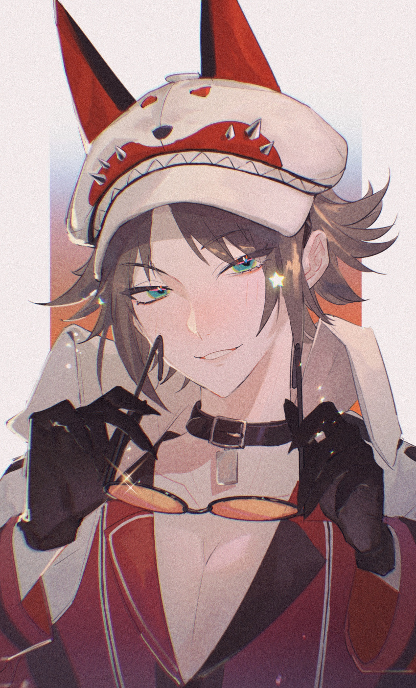 1boy, 29533478, absurdres, animal_collar, animal_hat, aqua_eyes, baseball_cap, black_collar, black_gloves, brown_hair, chinese_commentary, collar, collarbone, commentary_request, eyewear_removed, film_grain, fingernails, fox_hat, gloves, half-closed_eyes, hands_up, hat, high_collar, highres, holding, holding_eyewear, jacket, looking_at_viewer, male_focus, mysta_rias, nijisanji, nijisanji_en, portrait, red_jacket, sharp_fingernails, short_hair, smile, solo, star_(symbol), sunglasses, virtual_youtuber