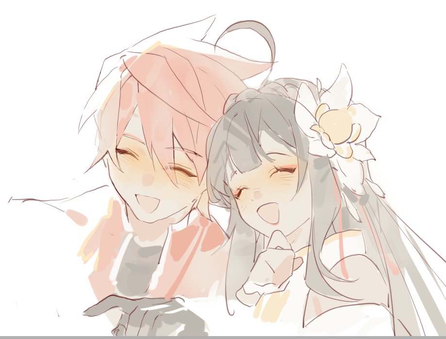 1boy, 1girl, apsara_(elsword), ara_haan, black_hair, blush, closed_eyes, elsword