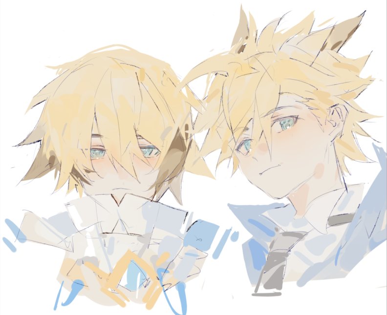 2boys, blonde_hair, blue_eyes, blush, brown_hair, centurion_(elsword), chung_seiker, closed_mouth, colored_tips, elsword, frown, linbai22, looking_at_viewer, male_focus, multicolored_hair, multiple_boys, shooting_guardian_(elsword), short_hair, sketch, spiky_hair, white_background