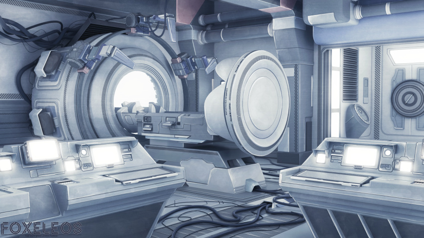 artist_name, blender_(medium), cable, commentary, door, english_commentary, floor, foxeleos, grey_theme, highres, indoors, monitor, mri_scanner, no_humans, original, photoshop_(medium), scenery, screen_light, tube, ventilation_shaft, wall, wall_lamp, watermark