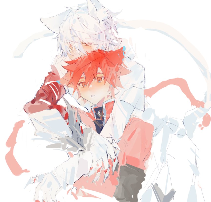 2boys, animal_ears, blush, cat_boy, cat_ears, elsword, elsword_(character), genesis_(elsword), hug, hug_from_behind, knight_emperor_(elsword), linbai22, multiple_boys, open_mouth, parted_lips, red_eyes, redhead, scarf, short_hair, sketch, teeth, white_background, white_hair
