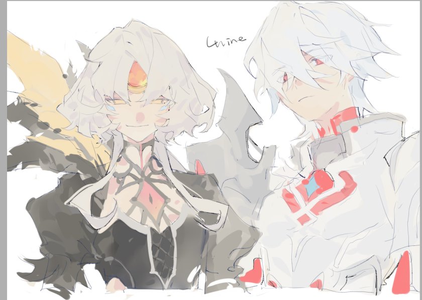 1boy, 1girl, closed_mouth, code:_antithese_(elsword), elsword, elsword_(character), eve_(elsword), facial_mark