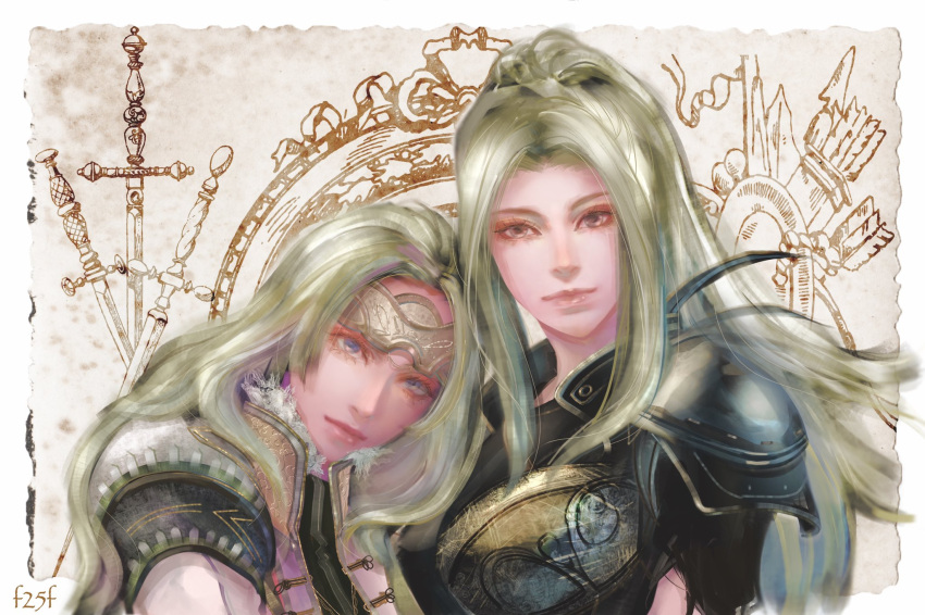 2girls, armor, arrow_(symbol), bangs, blonde_hair, blue_eyes, bow_(weapon), breastplate