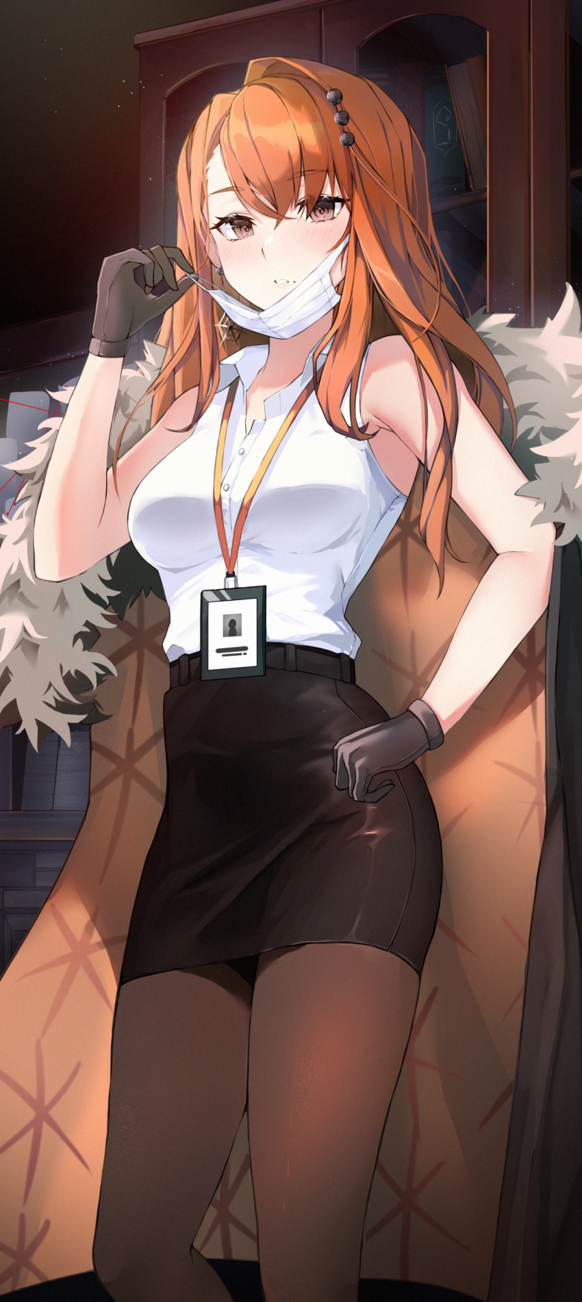 1girl, absurdres, alchemy_stars, black_gloves, black_legwear, breasts, brown_eyes, fur_trim
