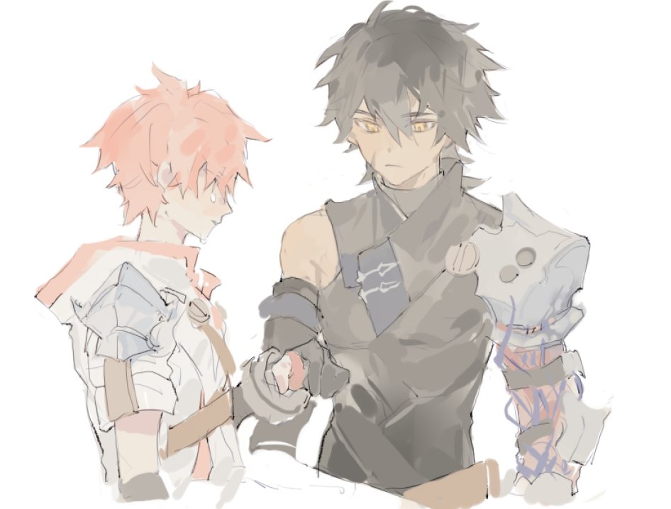 2boys, black_hair, closed_eyes, crying, dark-skinned_male, dark_skin, elsword, elsword_(character), facing_another, facing_viewer, linbai22, multiple_boys, raven_cronwell, redhead, sacred_templar_(elsword), short_hair, sketch, venom_taker_(elsword), white_background, yellow_eyes
