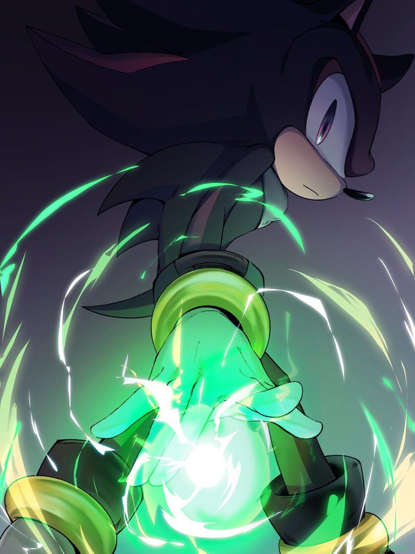 1boy, black_fur, bracelet, energy_orb, furry, furry_male, gauntlets, gloves, highres, isa03re, jewelry, legband, looking_at_viewer, male_focus, multicolored_fur, orb, pointy_nose, red_eyes, red_fur, shadow_the_hedgehog, shoes, solo, sonic_(series), spiky_hair, white_fur