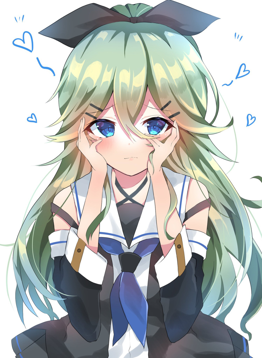 1girl, black_ribbon, black_serafuku, black_skirt, blue_neckerchief, blue_ribbon, blush, cowboy_shot