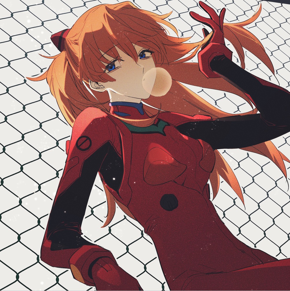 1girl, bangs, blue_eyes, bodysuit, bubble_blowing, chain-link_fence, chewing_gum, cowboy_shot, feishui_chizi, fence, hairpods, hand_up, leaning_back, long_hair, looking_at_viewer, neon_genesis_evangelion, orange_hair, plugsuit, red_bodysuit, solo, souryuu_asuka_langley, two_side_up, white_background