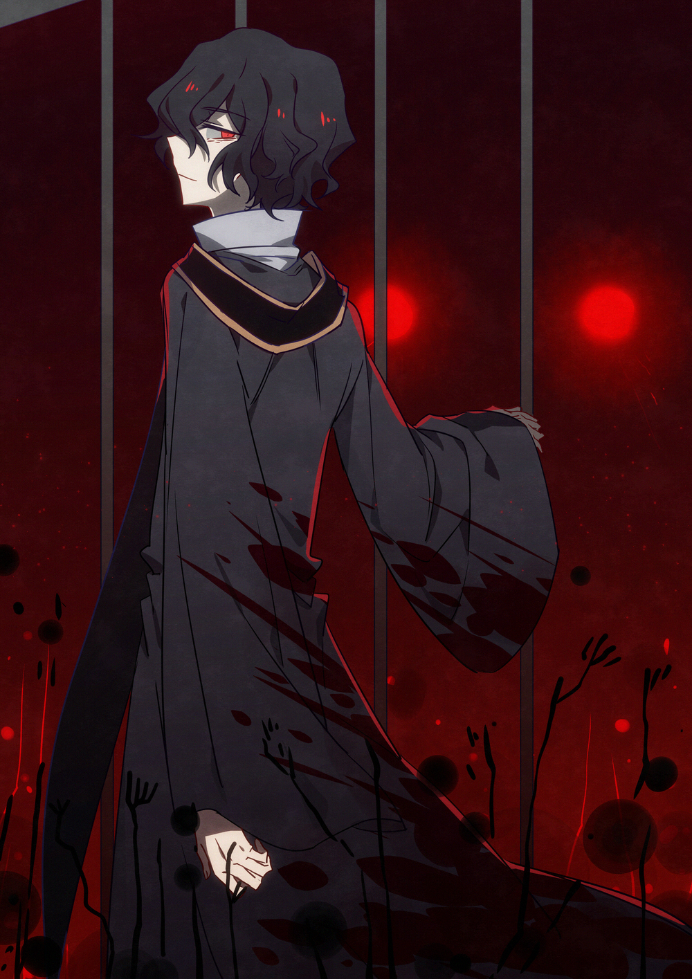1boy, 90cm, bars, black_hair, blood, blood_on_clothes, chinese_commentary, closed_eyes