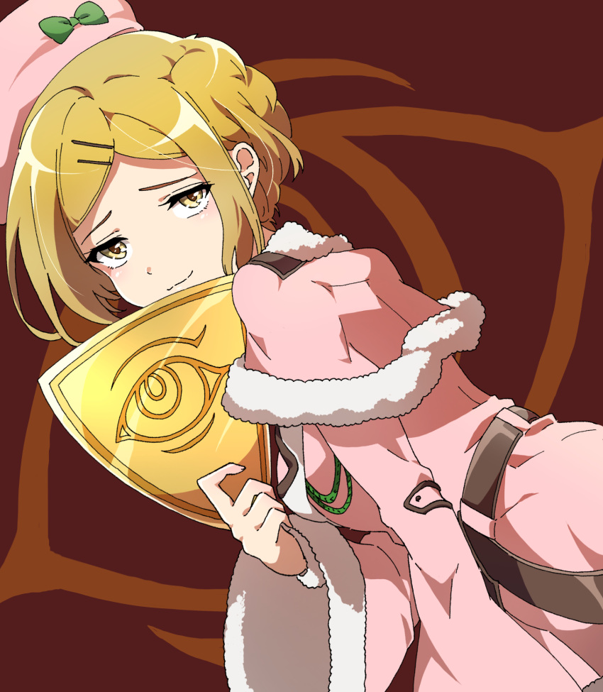1girl, belt, blonde_hair, bow, brown_belt, capelet, ciconia_no_naku_koro_ni, closed_mouth