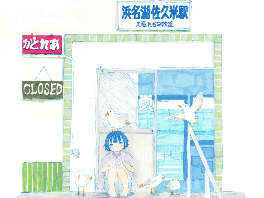 1girl, absurdres, animal_on_head, bare_legs, barefoot, bird, bird_on_head, blue_eyes