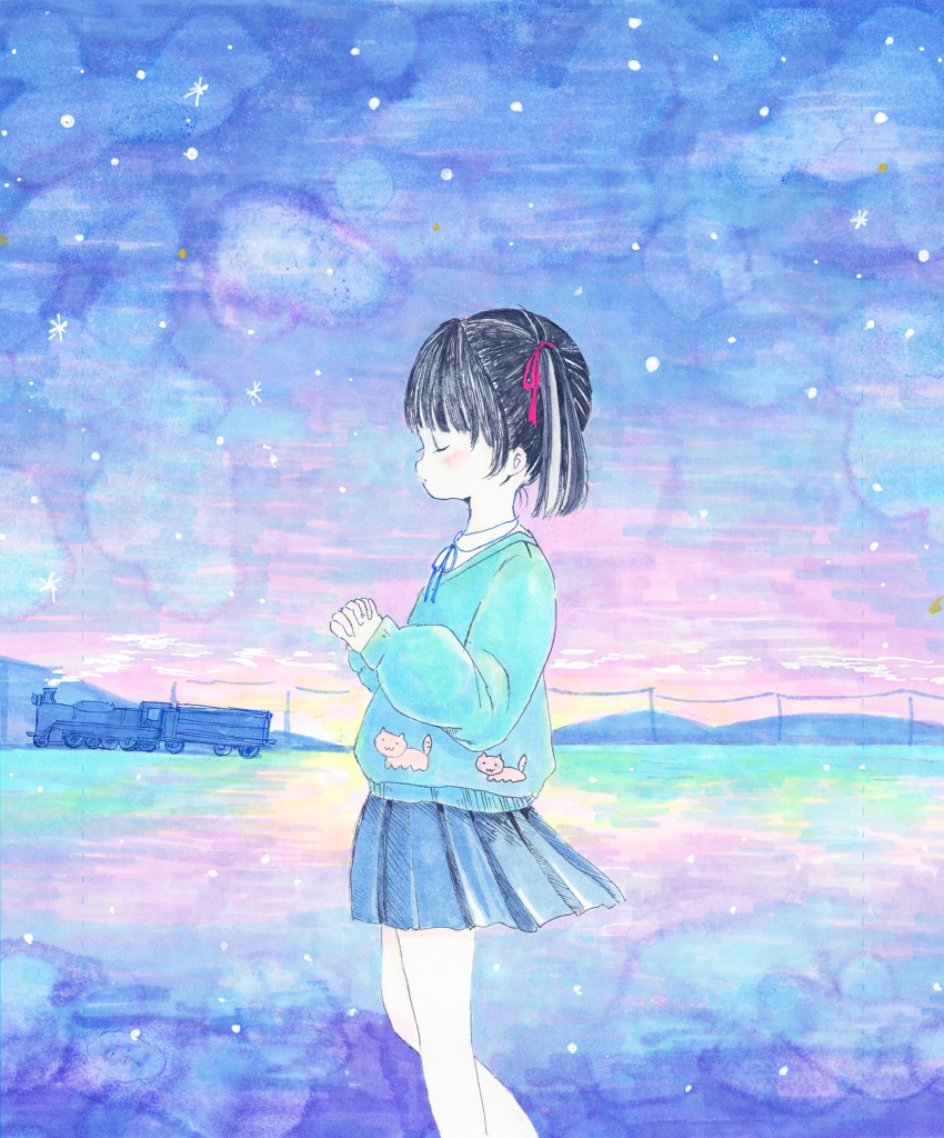 1girl, absurdres, black_hair, blue_skirt, blue_sweater, closed_eyes, collared_shirt, densya_t