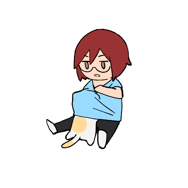 1girl, animal, black_pants, blue_shirt, brown_eyes, cat, chibi, glasses