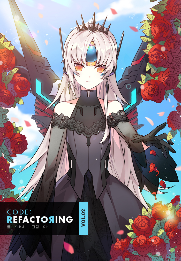 1girl, black_dress, black_gloves, code:_ultimate_(elsword), cowboy_shot, day, detached_sleeves, dress