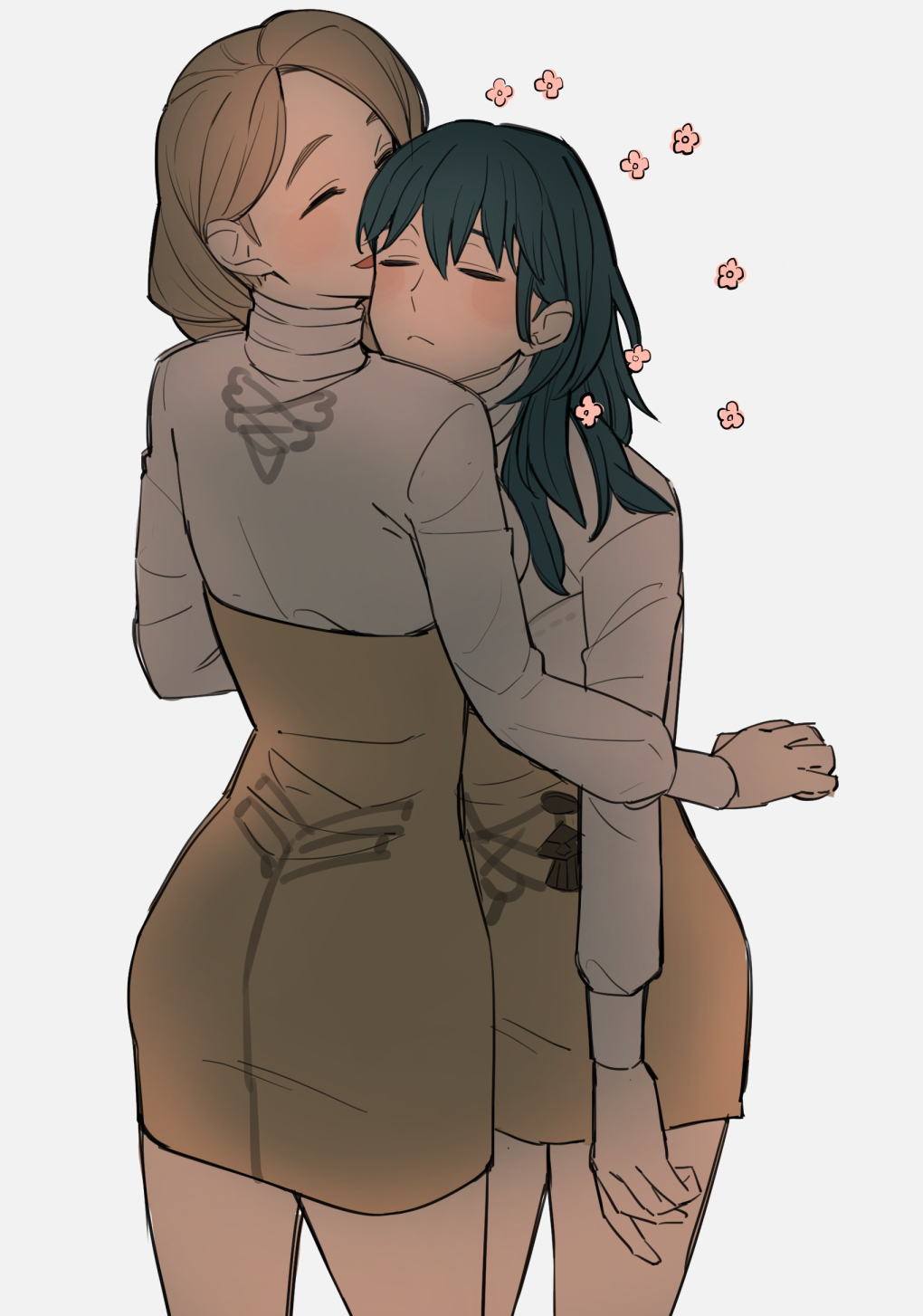 2girls, bangs, blue_hair, blush, brown_skirt, byleth_(fire_emblem), byleth_eisner_(female), closed_eyes