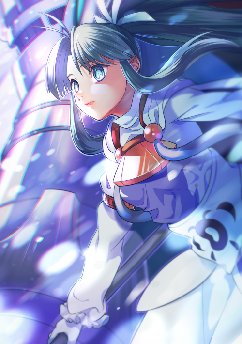 1girl, blue_eyes, blue_hair, breasts, cape, closed_mouth, gloves, golden_sun