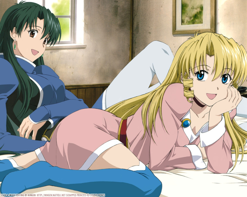 2girls, bed, blonde_hair, blue_eyes, blue_legwear, brown_eyes, choker, drill_hair, earrings, green_hair, jewelry, long_hair, lying, multiple_girls, on_stomach, pacifica_casull, pantyhose, raquel_casull, scrapped_princess, socks, thigh-highs, thighhighs, wallpaper, white_legwear, window, zettai_ryouiki
