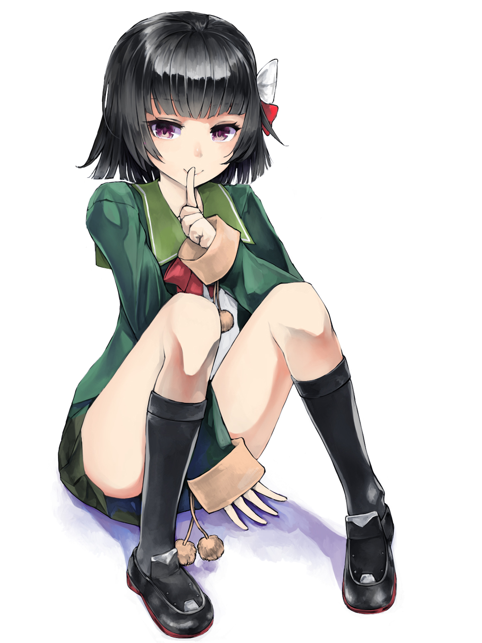 1girl, arm_between_legs, black_hair, black_legwear, bow, female, finger_to_mouth, highres