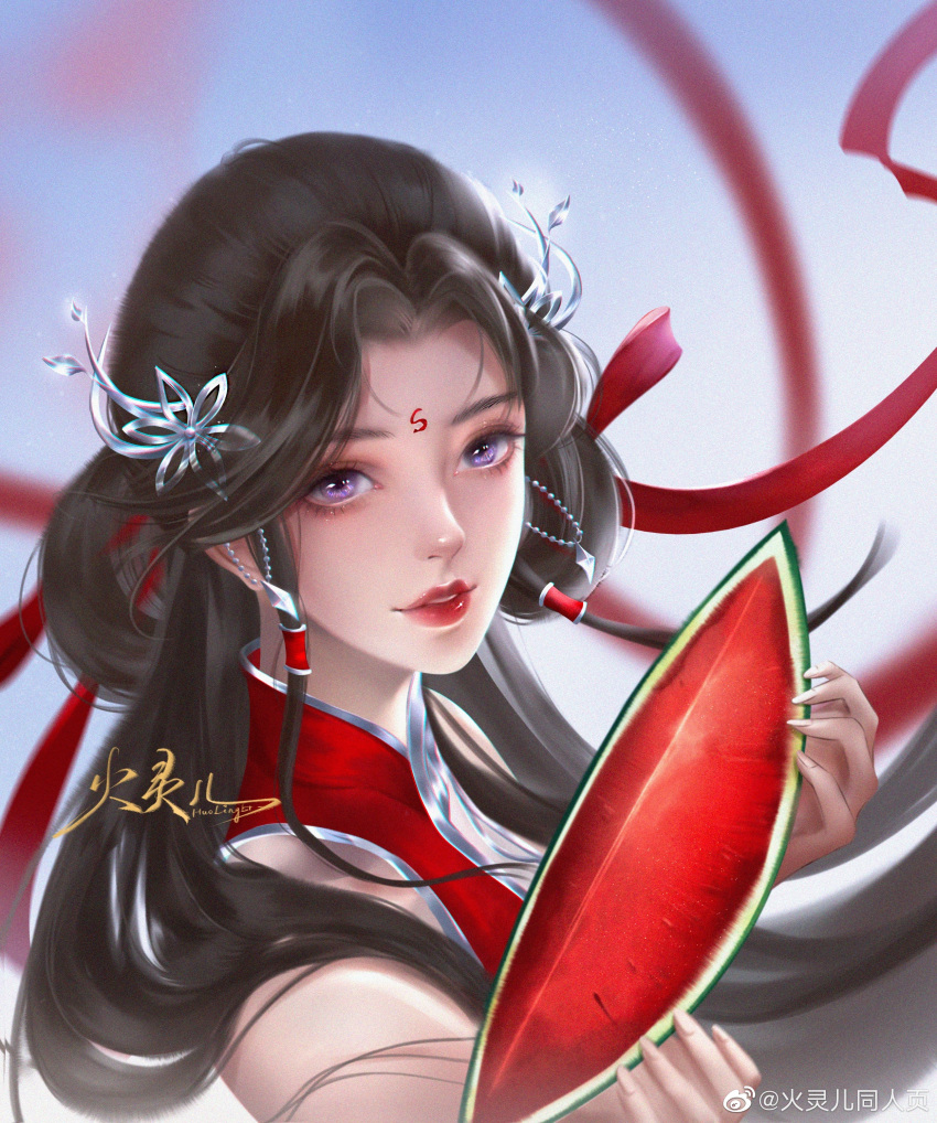 1girl, absurdres, beads, biyan_ruchu, blue_eyes, blue_sky, brown_hair, collared_dress, dress, face, facial_mark, food, forehead_mark, from_side, fruit, hair_ornament, hair_rings, highres, huo_linger_(wanmei_shijie), open_mouth, red_dress, second-party_source, sky, teeth, upper_body, wanmei_shijie, watermelon