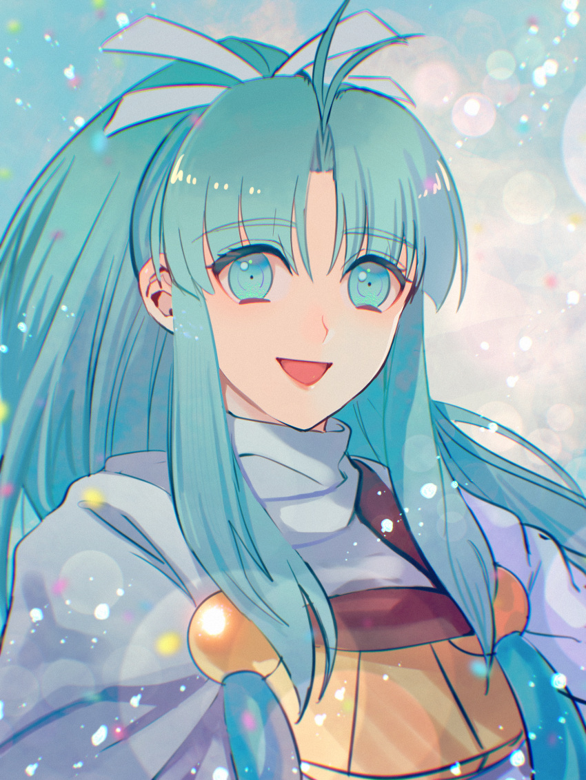 1girl, blue_eyes, blue_hair, breasts, cape, golden_sun, hair_ribbon, highres
