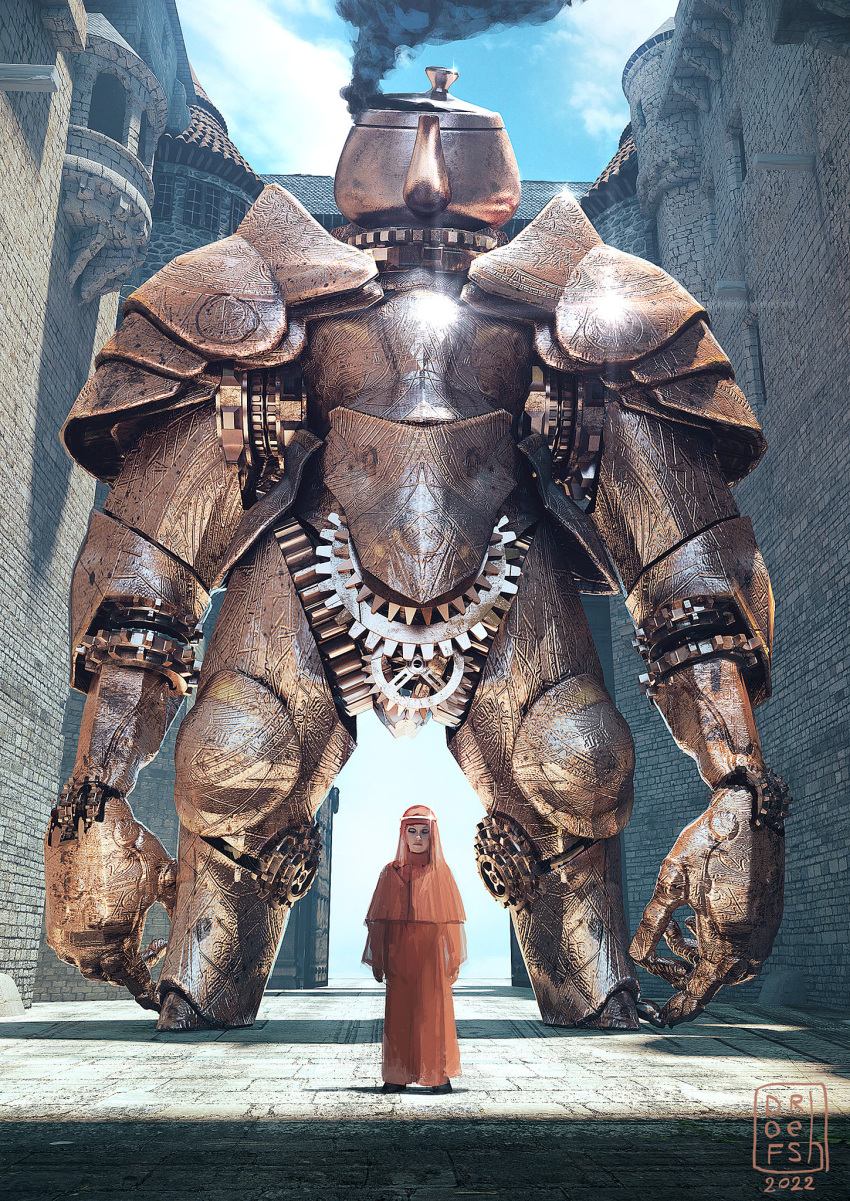 1girl, 2022, armor, castle, dated, dofresh, droid, english_commentary