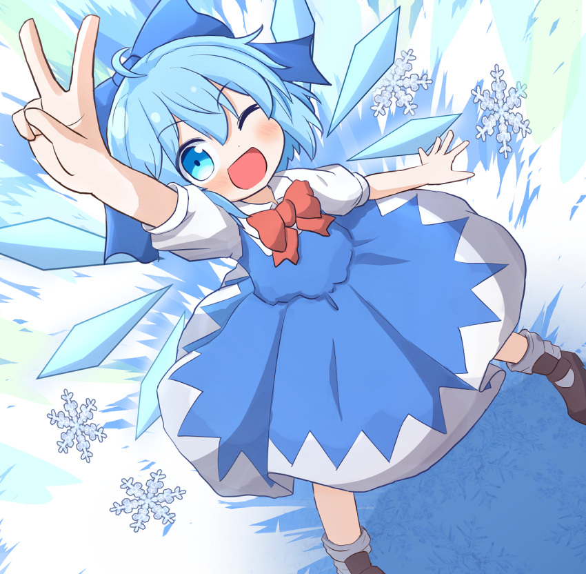 1girl, ahoge, arm_up, blue_bow, blue_dress, blue_eyes, blue_hair, blush