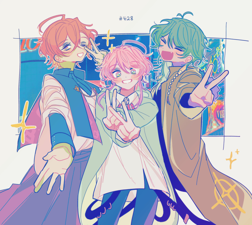 3boys, amemura_ramuda, arisugawa_dice, bangs, blush, closed_eyes, crossed_bangs, double_v