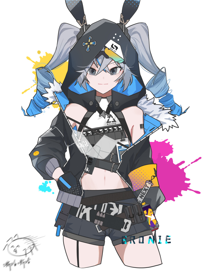 1girl, absurdres, animal_ears, bangs, barcode, barcode_tattoo, black_jacket, black_shorts, bronya_zaychik, bronya_zaychik_(haxxor_bunny), character_name, closed_mouth, drill_hair, fake_animal_ears, grey_eyes, grey_hair, hanchan540, hand_in_pocket, highres, honkai_(series), honkai_impact_3rd, jacket, looking_at_viewer, navel, off_shoulder, rabbit_ears, shorts, smile, solo, tattoo, twin_drills, twintails, white_background