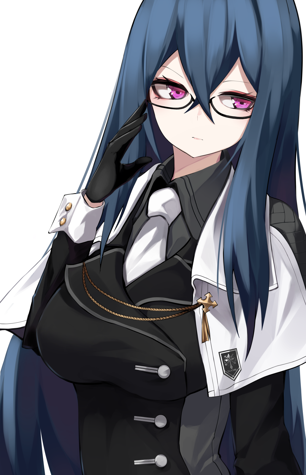 1girl, adjusting_eyewear, aiguillette, bangs, biblide_(counter:side), black_gloves, black_jacket, black_shirt