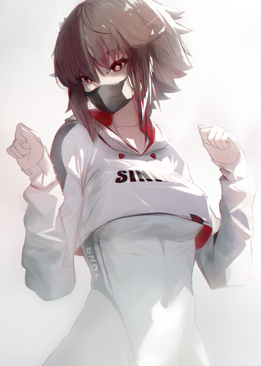 1girl, brown_hair, clothes_writing, covered_navel, fingernails, grey_leotard, grey_pupils, grey_swimsuit, hair_between_eyes, hair_ornament, highres, hood, hood_down, hoodie, leotard, liz_(nin_fake), mask, mouth_mask, multicolored_clothes, nin_fake, one-piece_swimsuit, original, paw_pose, red_eyes, red_hoodie, short_hair, sleeves_past_wrists, solo, swimsuit, turtleneck, two-tone_hoodie, white_hoodie