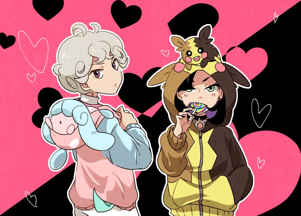 1boy, 1girl, ahoge, alternate_costume, bangs, bede_(pokemon), black_hair, blush