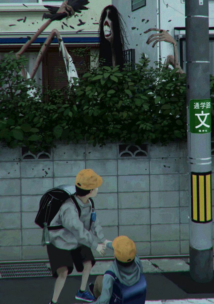 131_nngo, 2boys, backpack, bag, baseball_cap, black_bag, black_hair, blue_bag