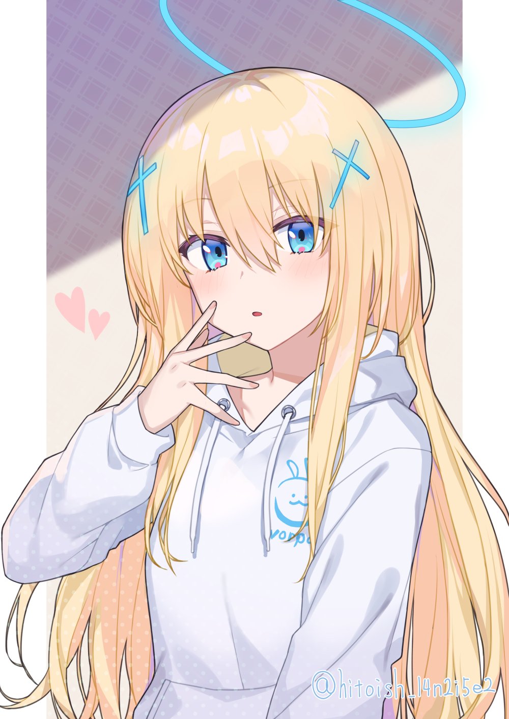1girl, blonde_hair, blue_eyes, commission, cross, cross_hair_ornament, eyes_visible_through_hair, glowing