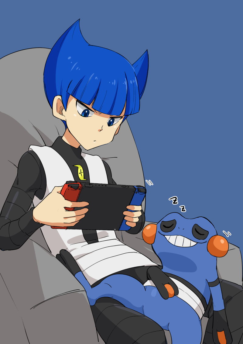 1boy, bangs, black_pants, black_shirt, blue_eyes, blue_hair, blunt_bangs, chair