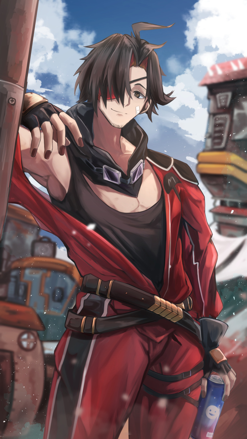 1boy, absurdres, ahoge, alchemy_stars, bandaid, bandaid_on_cheek, bandaid_on_face, belt