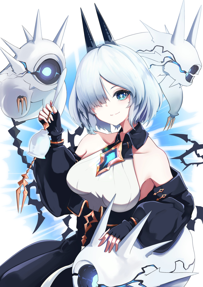 1girl, absurdres, alchemy_stars, bare_shoulders, bell, bethel_(alchemy_stars), black_gloves, black_horns