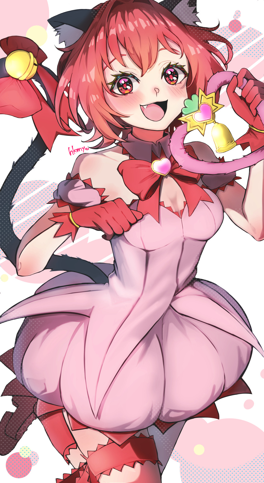 1girl, absurdres, animal_ears, arm_strap, bangs, cat_ears, cat_tail, choker, dress, fang, hakumai_(5fc), highres, looking_at_viewer, magical_girl, mew_ichigo, momomiya_ichigo, open_mouth, paw_pose, pink_choker, pink_dress, pink_eyes, pink_hair, smile, solo, tail, tokyo_mew_mew