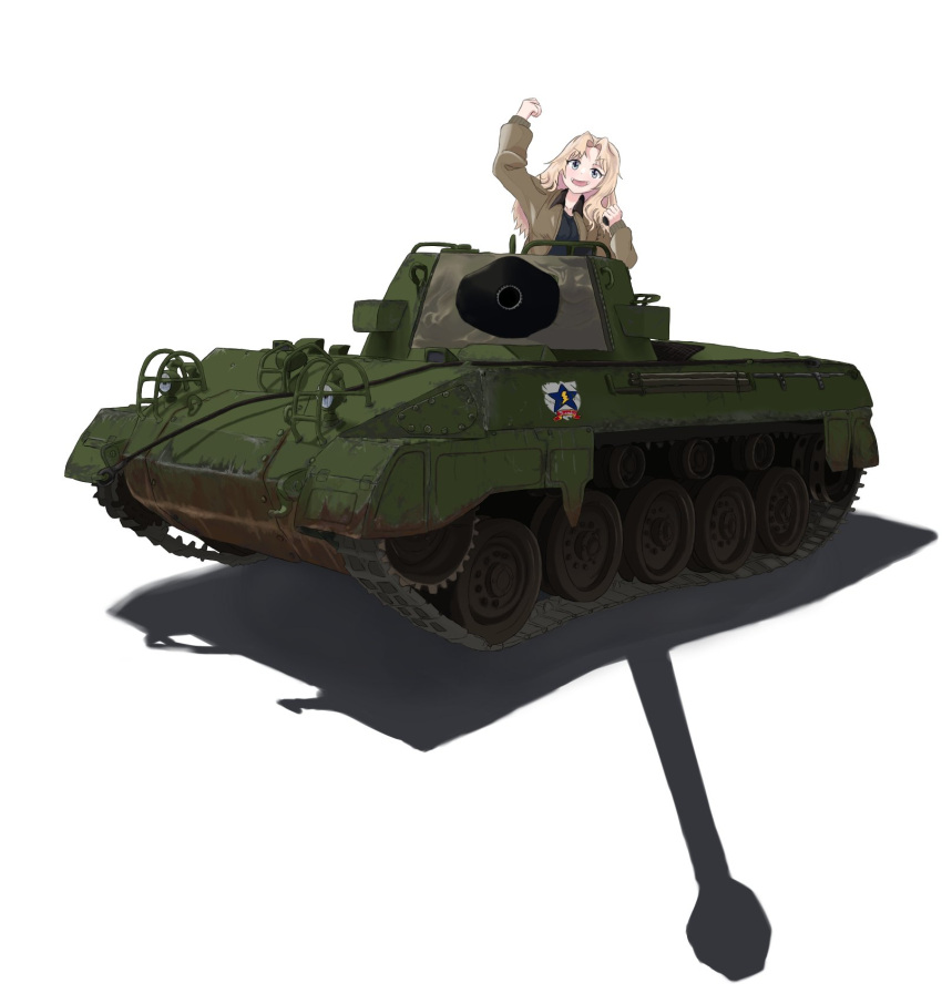 1girl, blonde_hair, blue_eyes, commission, emblem, girls_und_panzer, ground_vehicle, highres