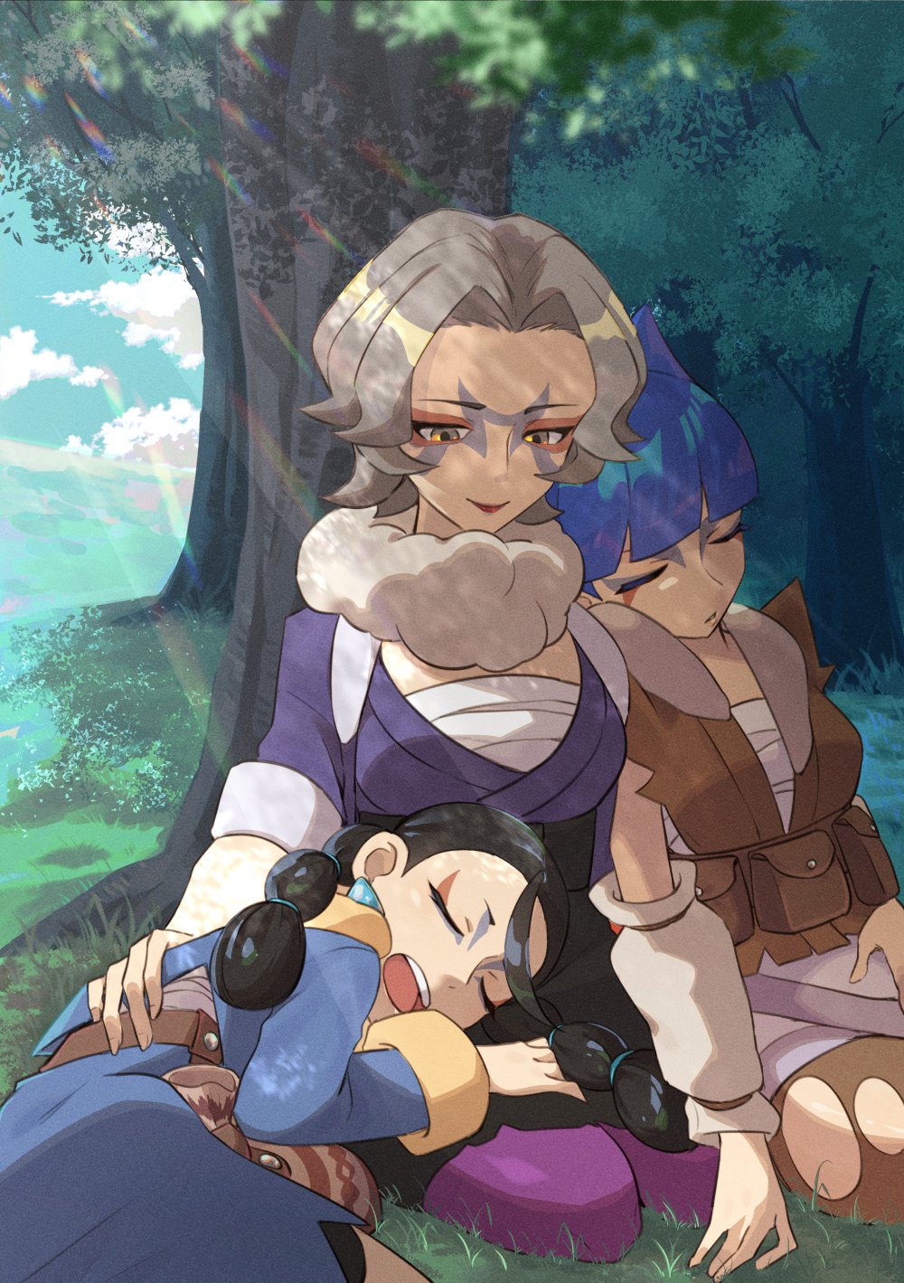 3girls, bangs, black_hair, blue_hair, blunt_bangs, brown_vest, charm_(pokemon), closed_eyes