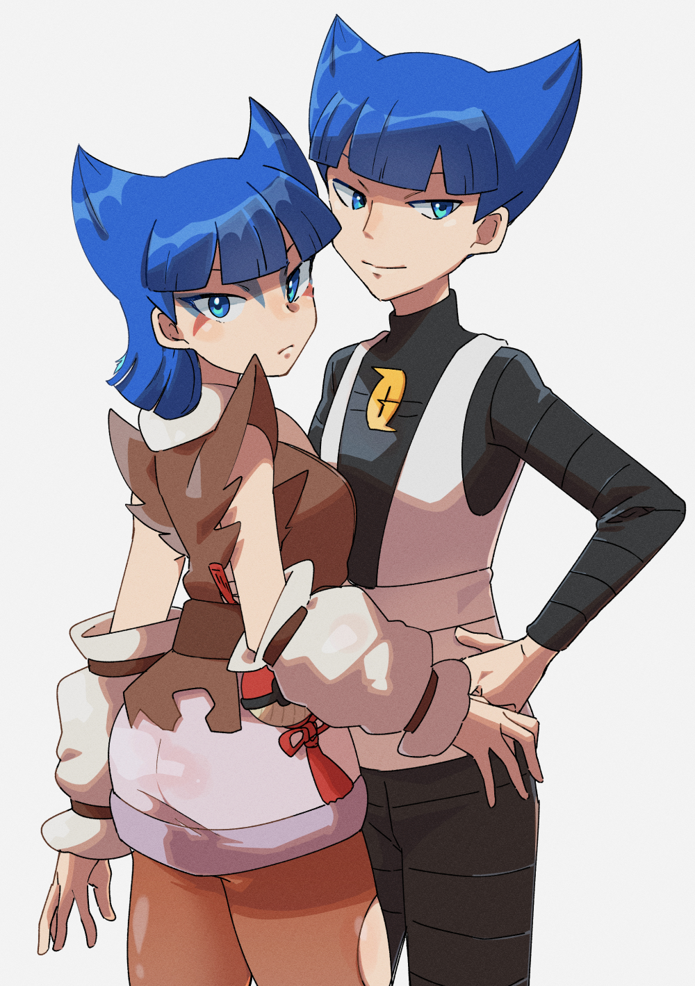 1boy, 1girl, bangs, black_pants, black_shirt, blue_eyes, blue_hair, blunt_bangs