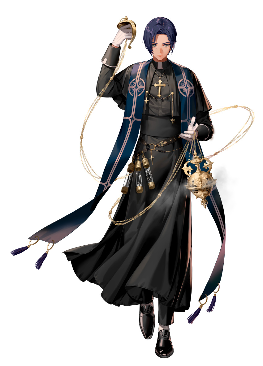 1boy, absurdres, bad_source, black_footwear, black_survival, censer, closed_mouth, dark_blue_hair