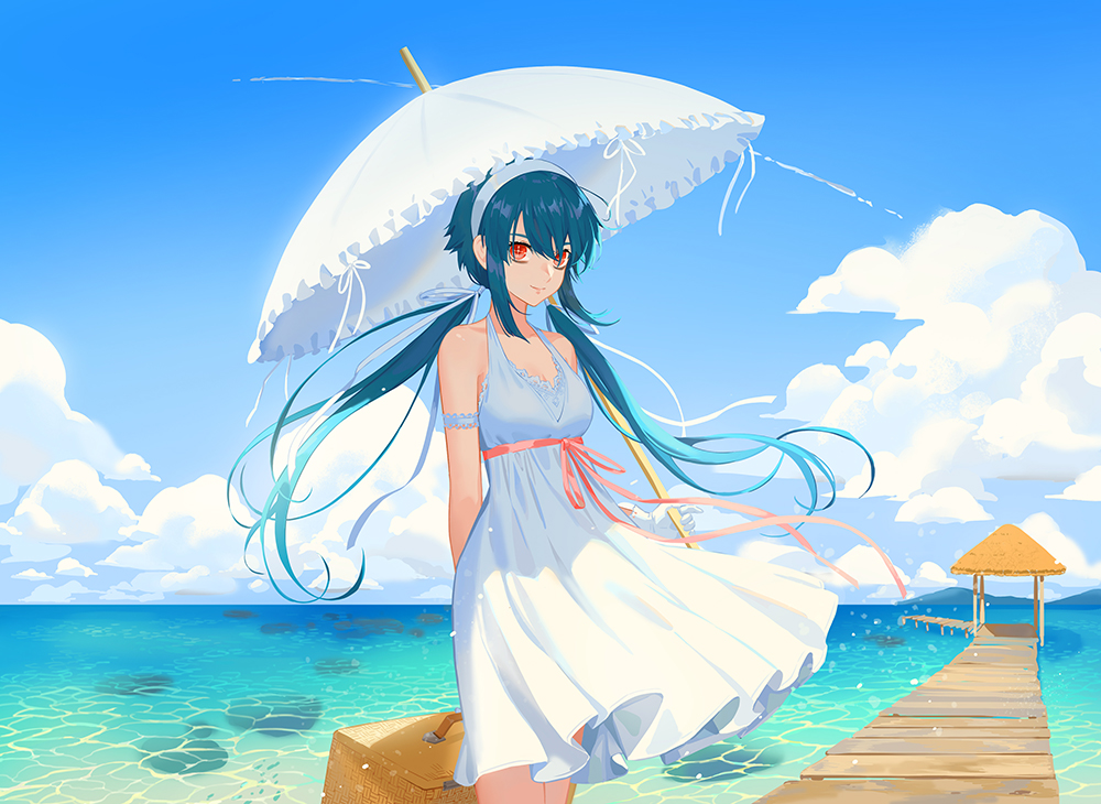 1girl, bangs, basket, bianca_(black_survival), black_survival, blue_hair, clouds, day