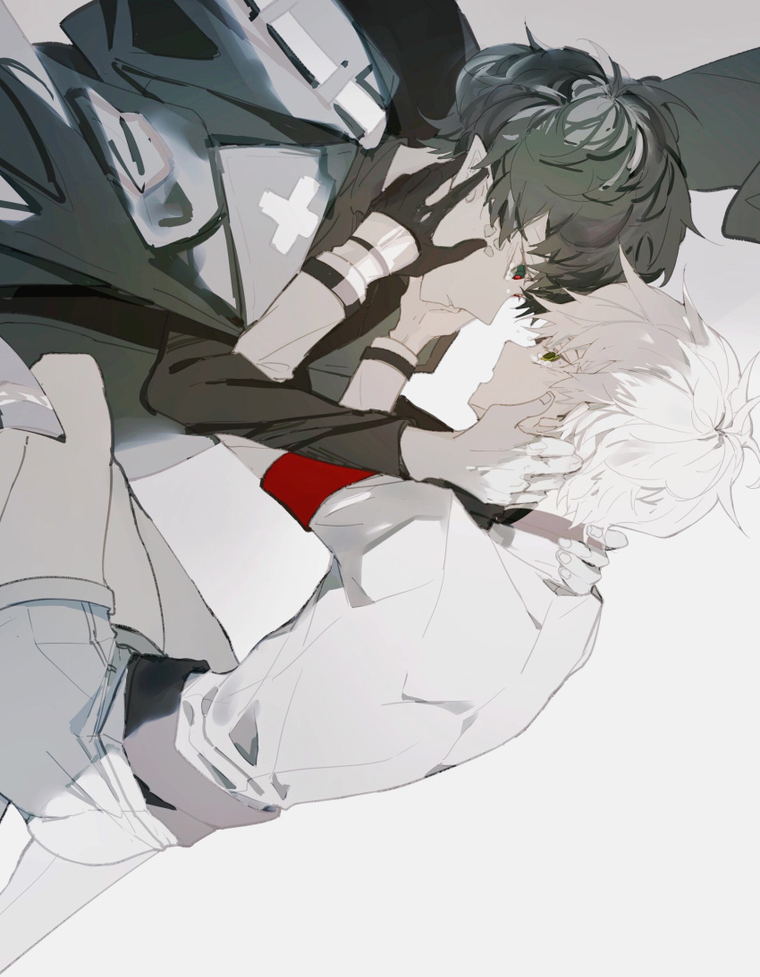 2boys, absurdres, ahoge, arknights, armband, bishounen, black_gloves, black_hair
