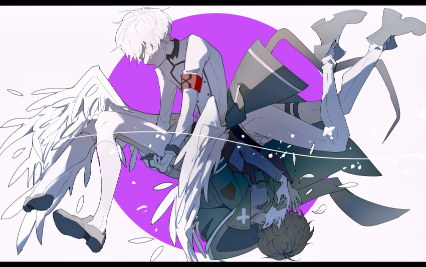 2boys, absurdres, arknights, armband, bishounen, black_hair, closed_eyes, coat