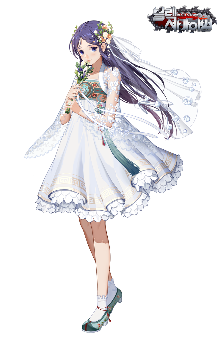 1girl, black_survival, blue_eyes, closed_mouth, copyright_name, ddollydonut, dress, full_body, hands_up, hyejin_(black_survival), long_hair, looking_at_viewer, official_alternate_costume, official_art, purple_hair, see-through, short_dress, simple_background, socks, solo, standing, veil, white_background, white_dress, white_legwear