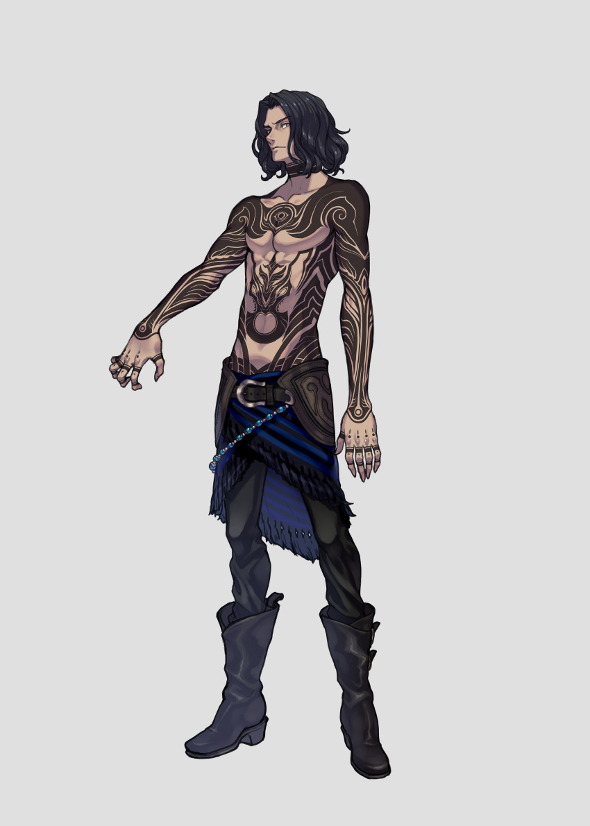 1boy, absurdres, arm_tattoo, beads, belt, bite_addict, black_footwear, black_hair