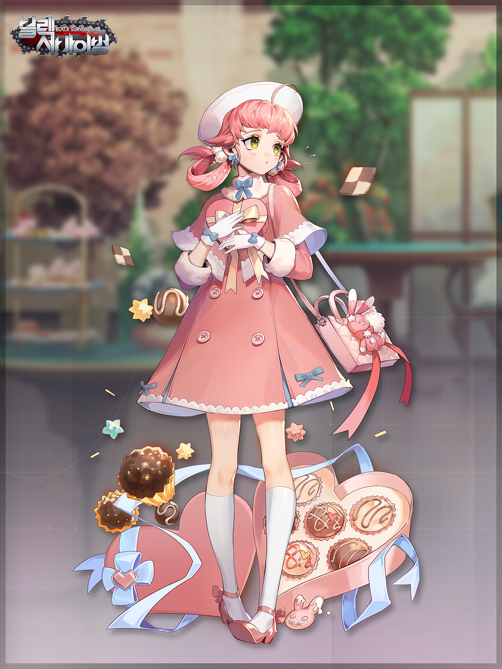 1girl, ahoge, artist_request, bag, black_survival, blurry, blurry_background, box, buttons, chocolate, dress, eleven_(black_survival), flying_sweatdrops, full_body, gloves, green_eyes, hair_rings, hat, heart-shaped_box, highres, holding, holding_box, kneehighs, long_sleeves, medium_hair, official_alternate_costume, official_art, pink_dress, pink_footwear, pink_hair, short_dress, shoulder_bag, solo, standing, white_gloves, white_headwear, white_legwear