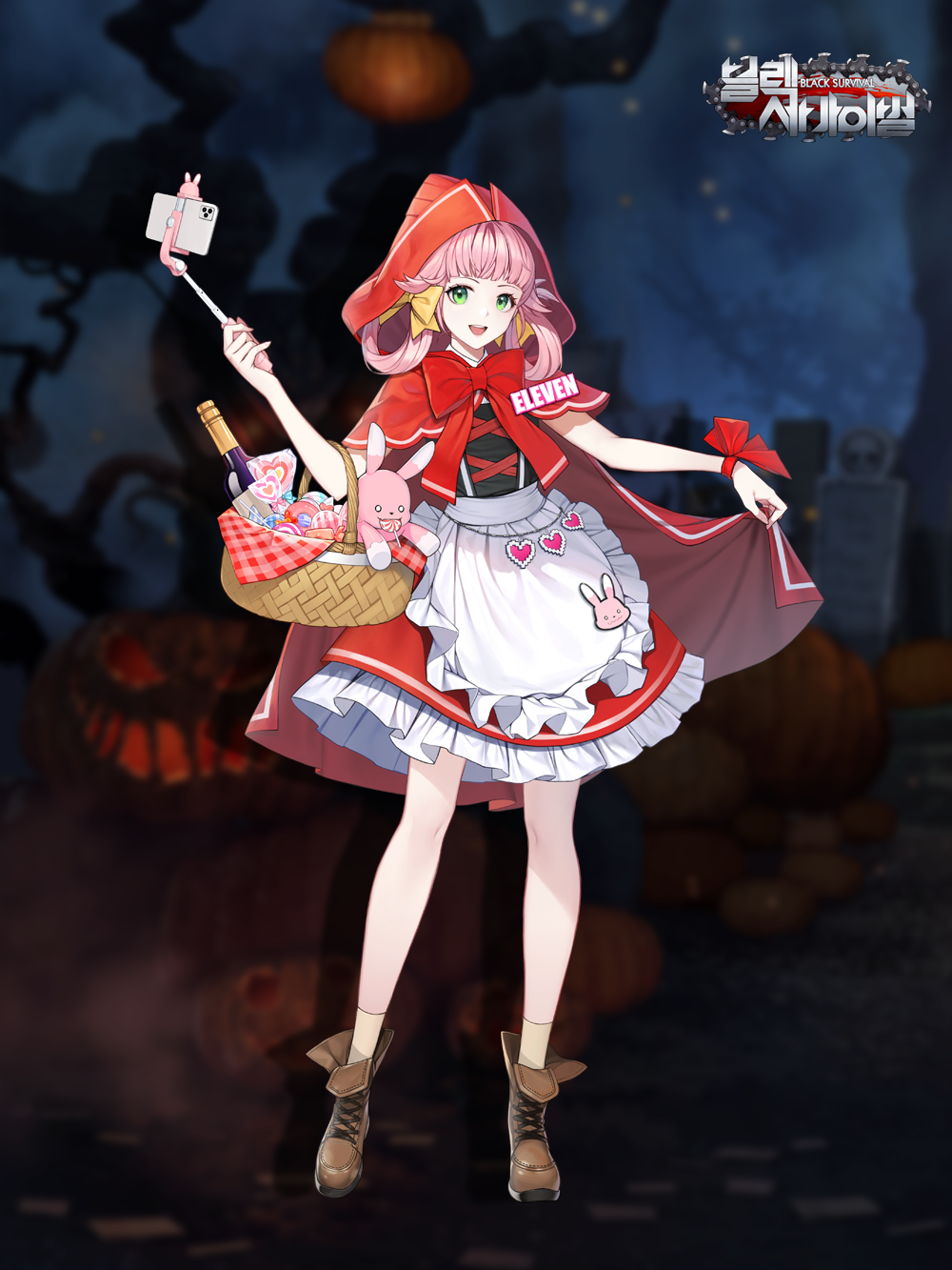 1girl, artist_request, bangs, basket, black_survival, blurry, blurry_background, brown_footwear